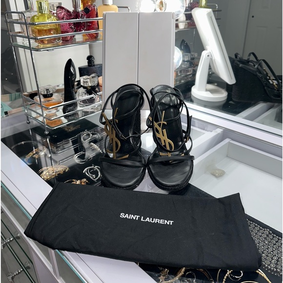 SAINT LAURENT Cassandra Wedge Espadrilles In Leather With GOLD Monogram EUR 42 - Picture 2 of 5